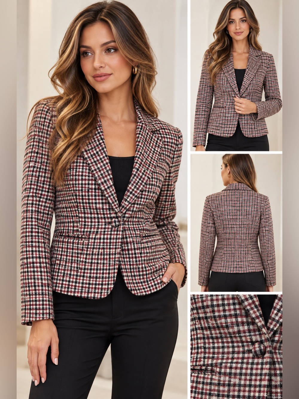 b.young Checkered Blazer in Brown & Burgundy Size 38 NWT
